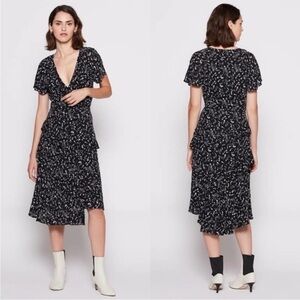 JOIE Orita Caviar Black Ruffled Floral Midi Dress Tiered Surplice V-Neck Size 6
